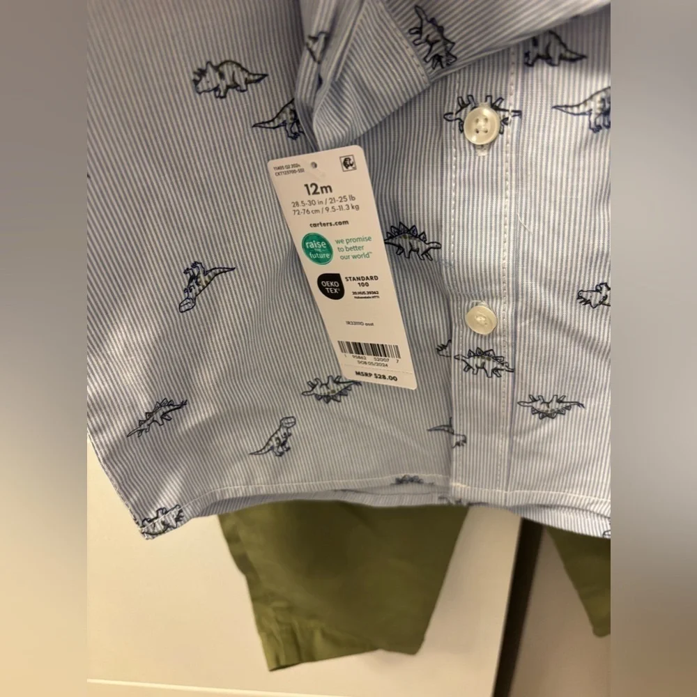 Carters Boys Dinosaur Light Blue Button Up Shirt + Green Pants 2 Pc Size 12M